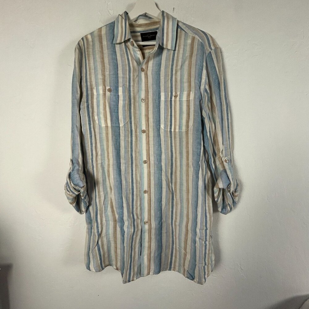 Black Brown 1826 Mens Tailored Fit Striped Linen Button-Up Shirt Medium Blue/Tan